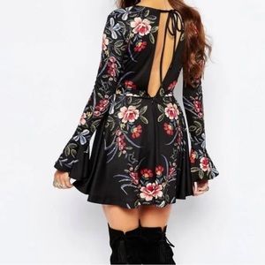 Free People Dress Date Night Bell Cuff Mini Black Floral Print Size S